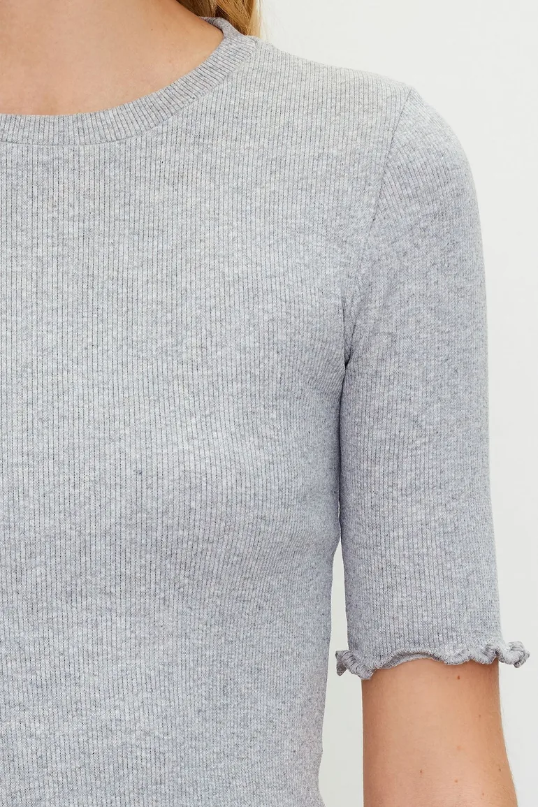 Gray Melange Ribbed Fitted Crew Neck Stretchy Knitted Blouse - 3