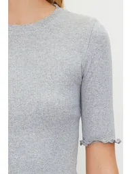 Gray Melange Ribbed Fitted Crew Neck Stretchy Knitted Blouse - 3