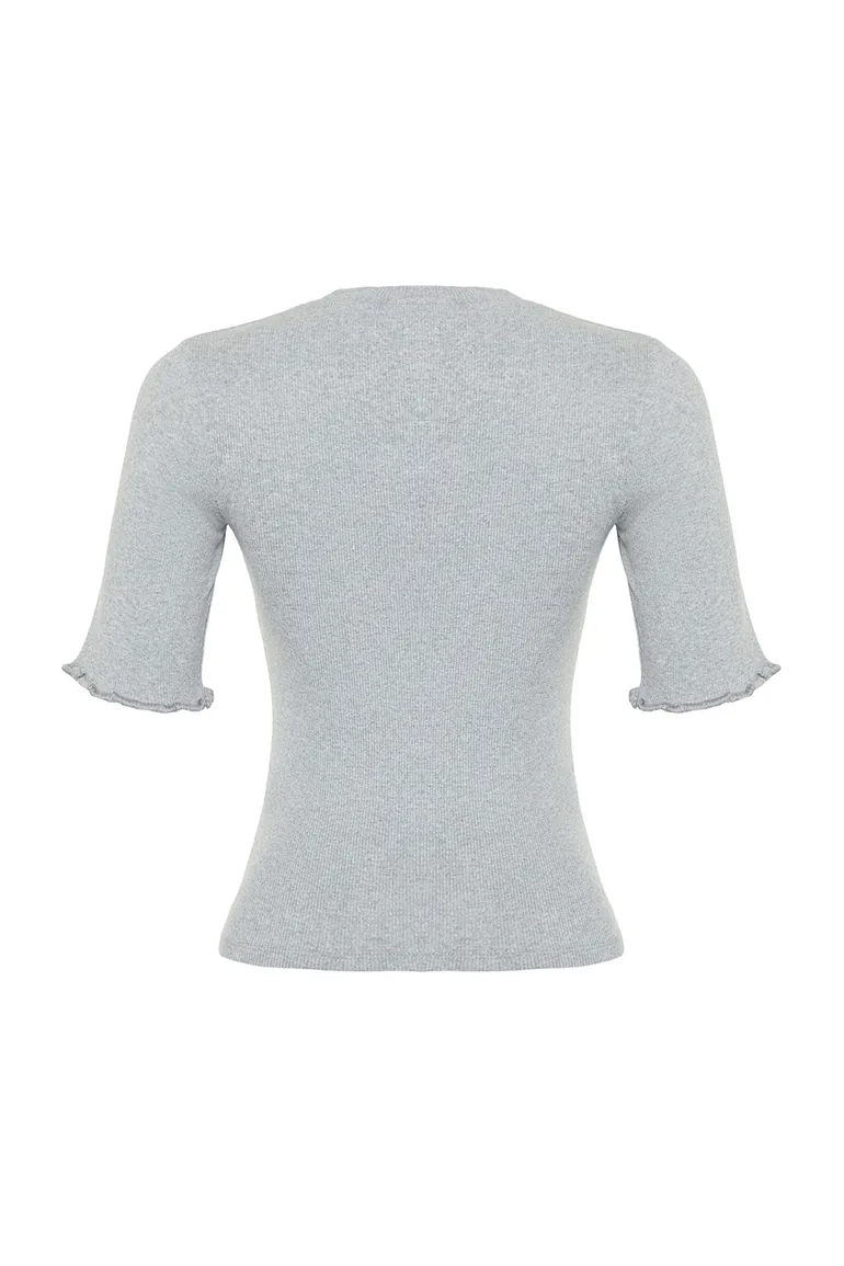 Gray Melange Ribbed Fitted Crew Neck Stretchy Knitted Blouse - 7