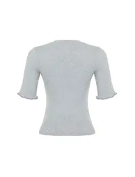 Gray Melange Ribbed Fitted Crew Neck Stretchy Knitted Blouse - 7
