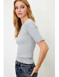 Gray Melange Ribbed Fitted Crew Neck Stretchy Knitted Blouse - 2