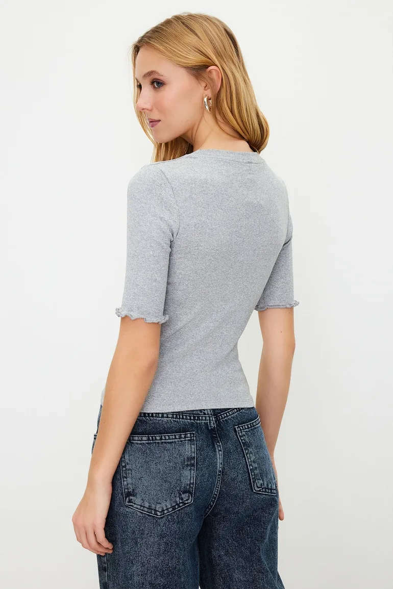 Gray Melange Ribbed Fitted Crew Neck Stretchy Knitted Blouse - 5