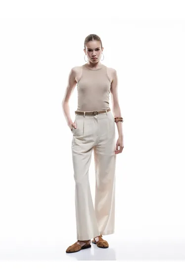 Wide Leg Belted Linen Blend Trousers