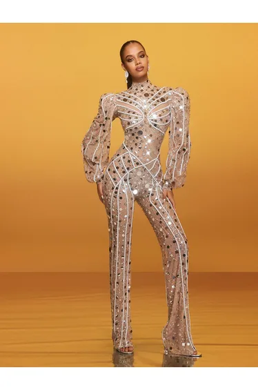 Zylar Long Sleeve Embellished Jumpsuit In Nude