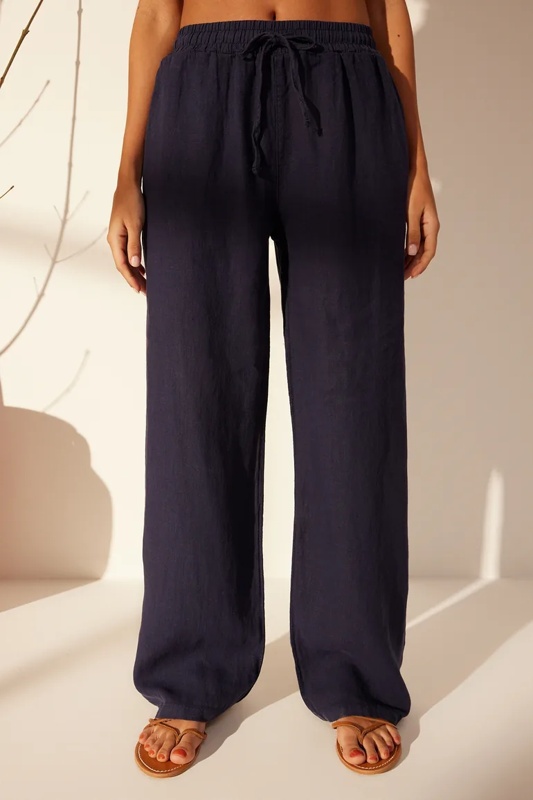 Navy Blue 100% Linen Elastic Waist High Waist Wide Leg Pants - 3