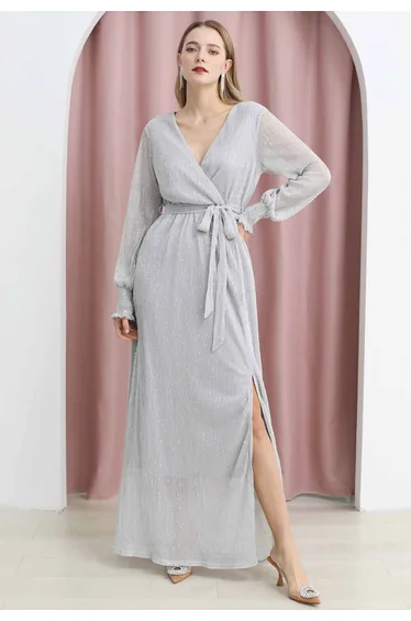 فستان شيفون ماكسي بقصة مستقيمة بأكمام طويلة