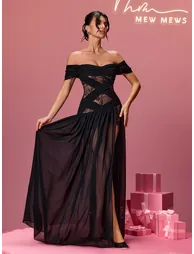 Alfhild Off Shoulder Lace Split Maxi Dress - 1