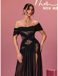 Alfhild Off Shoulder Lace Split Maxi Dress - 2