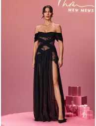 Alfhild Off Shoulder Lace Split Maxi Dress - 3