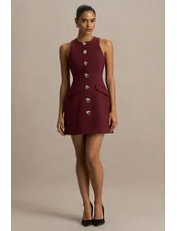 Belony | Dark Plum Crew-Neck Mini Dress With Button Detailing - 4