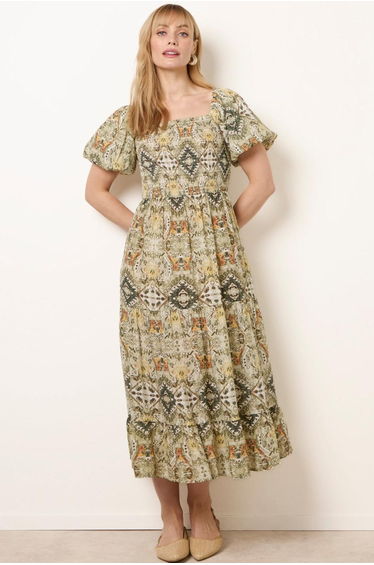 Abstract Print Puff Sleeve Midi Dress