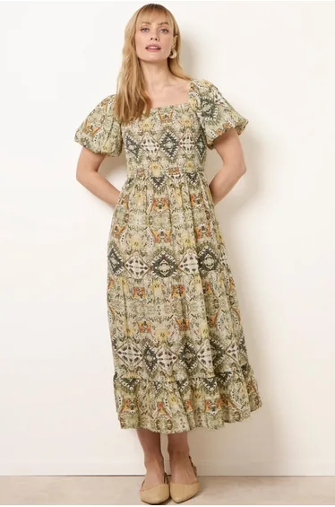 Abstract Print Puff Sleeve Midi Dress