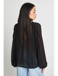 Chiffon Scarf Volume Sleeve Blouse - black - 1