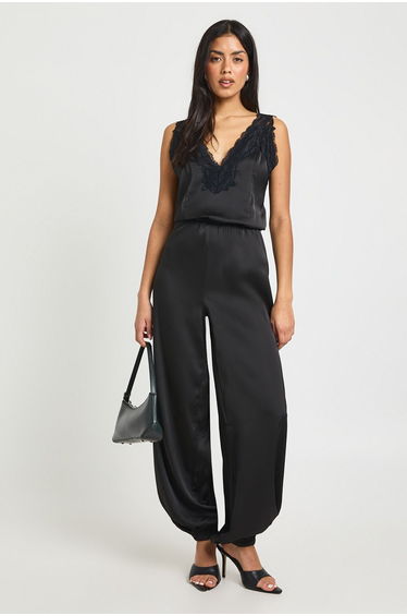 Satin Lace Trim Hareem Trouser Jumpsuit - black