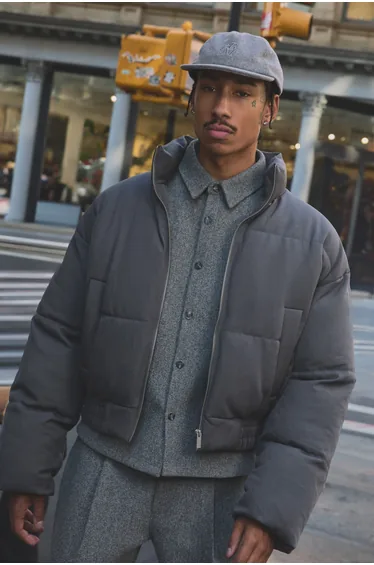 Boxy Fit Woven Padded Funnel Neck Puffer Jacket - charcoal