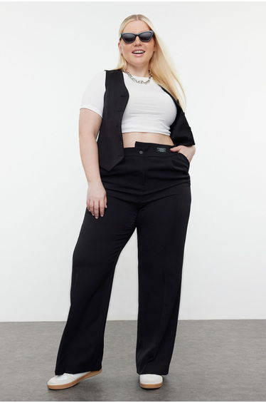 Black Wide Leg Labeled Plus Size Woven Trousers
