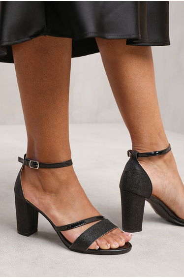 GRACIE MID HIGH BLOCK HEEL SANDALS WITH ANKLE STRAP IN BLACK