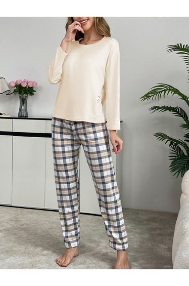 Cream Solid T-Shirt and Checked Pyjama Set
