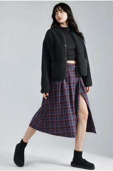 Plaid Pleated Midi Skirt with Belt Detail