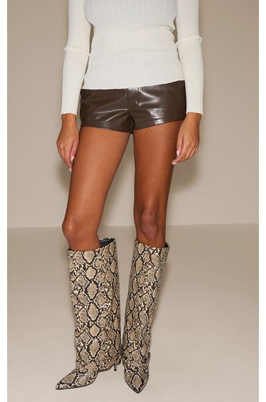 Snake Fold Over Buckle Detail Knee High Heeled Boot