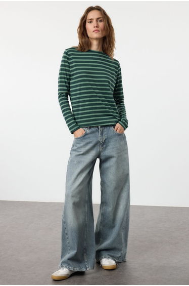 Petrol-Mint Striped Regular/Normal Pattern Basic Crew Neck Knitted T-Shirt