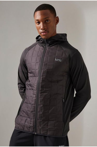 Man Active Check Quilted Zip Through Hoodie - charcoal
