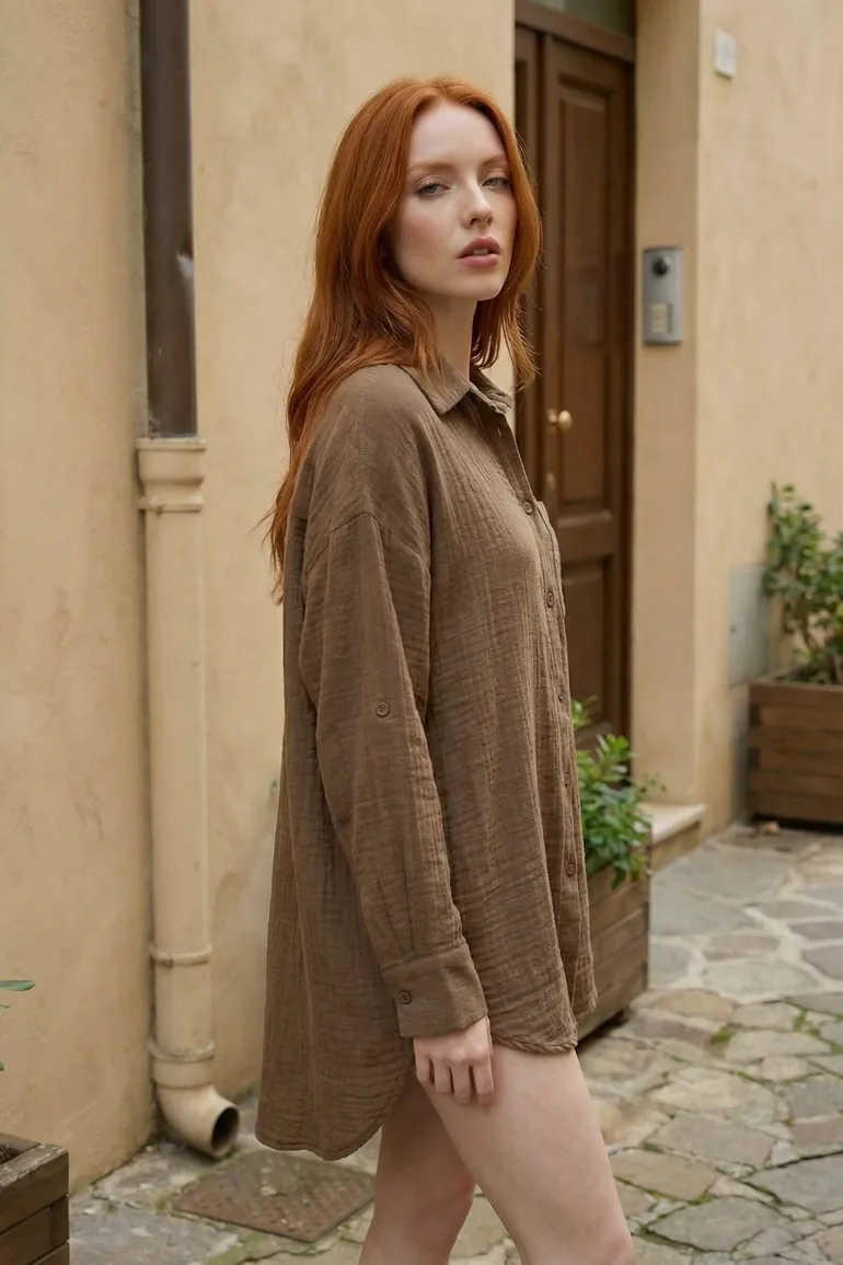 MY FASHION Textured Oversized Long Shirt with Button Closure - 2