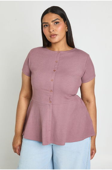 Plus Rib Button Down Peplum Top - mauve
