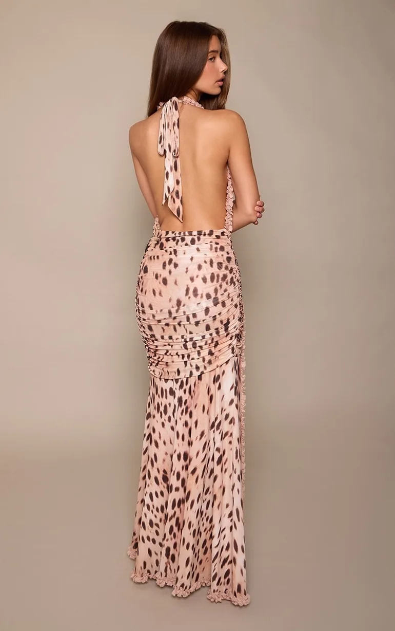 Cheetah Printed Ruffle Detail Plunge Maxi Dress - 1