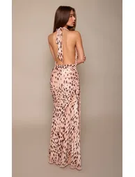 Cheetah Printed Ruffle Detail Plunge Maxi Dress - 1