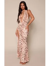 Cheetah Printed Ruffle Detail Plunge Maxi Dress - 2