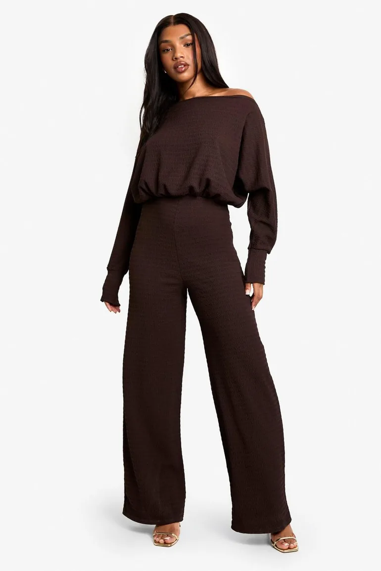 Cold Shoulder Wide Leg Textured Jumpsuit - brown - 2