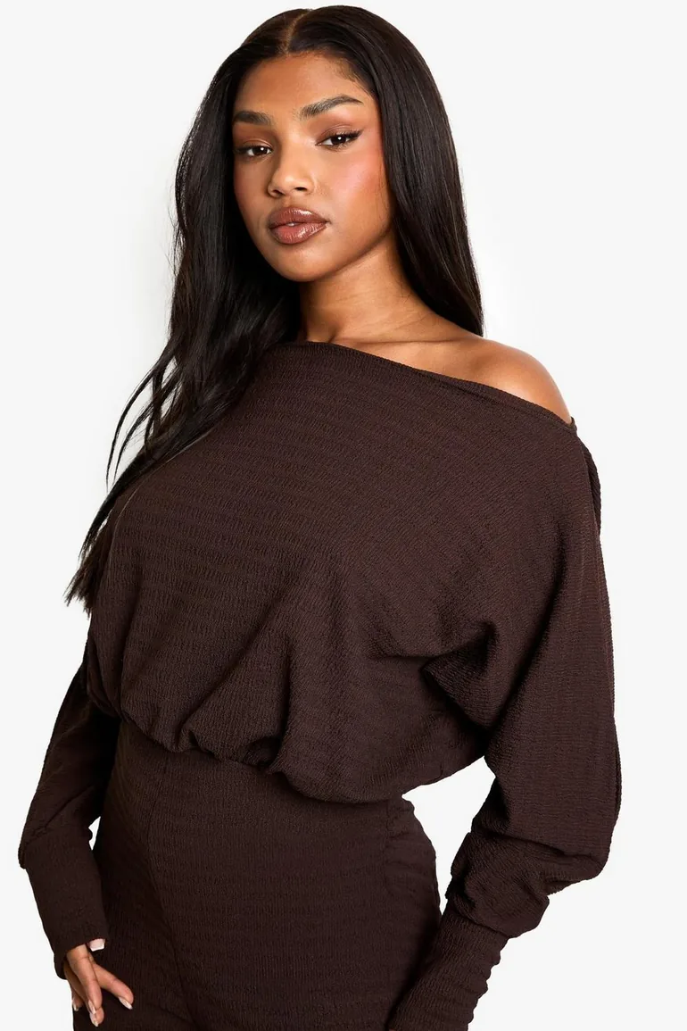 Cold Shoulder Wide Leg Textured Jumpsuit - brown - 3