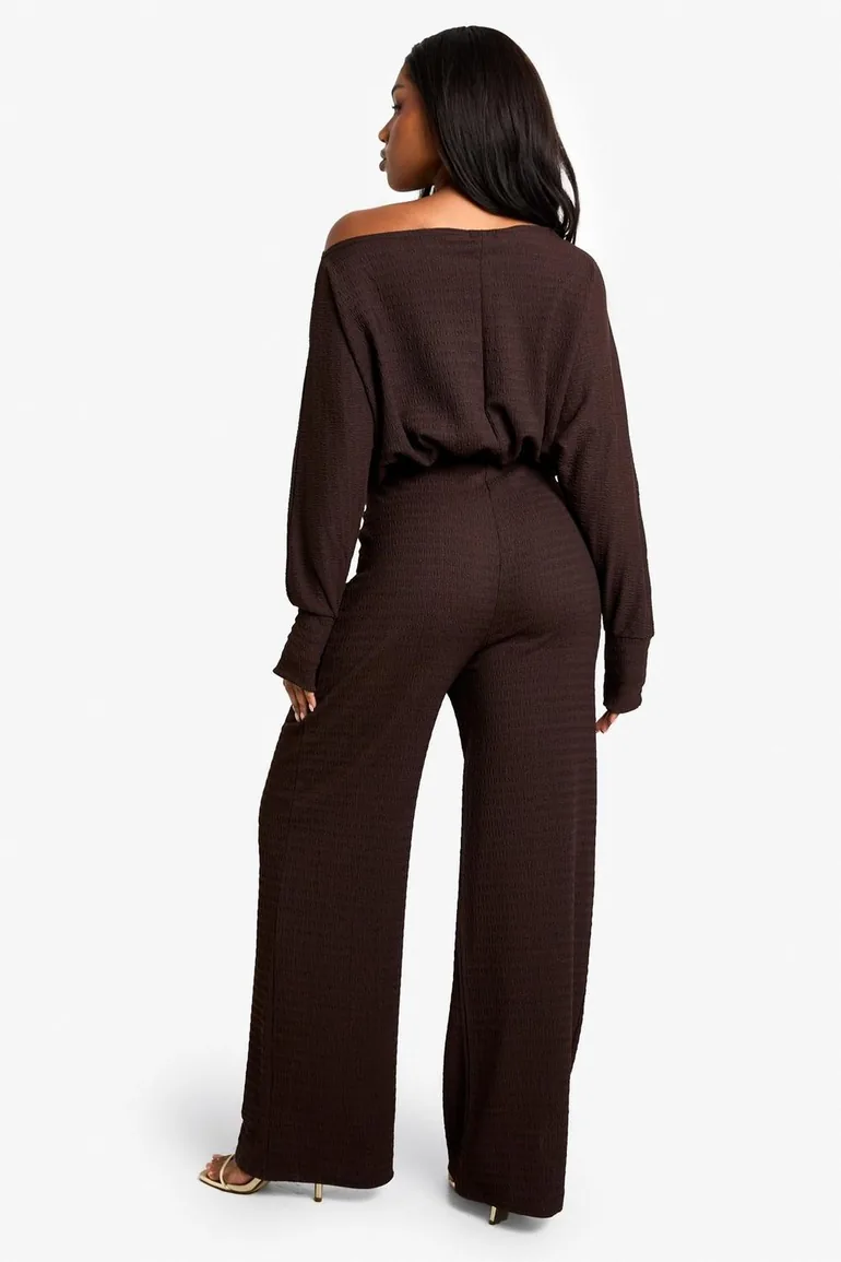 Cold Shoulder Wide Leg Textured Jumpsuit - brown - 1