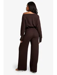 Cold Shoulder Wide Leg Textured Jumpsuit - brown - 1