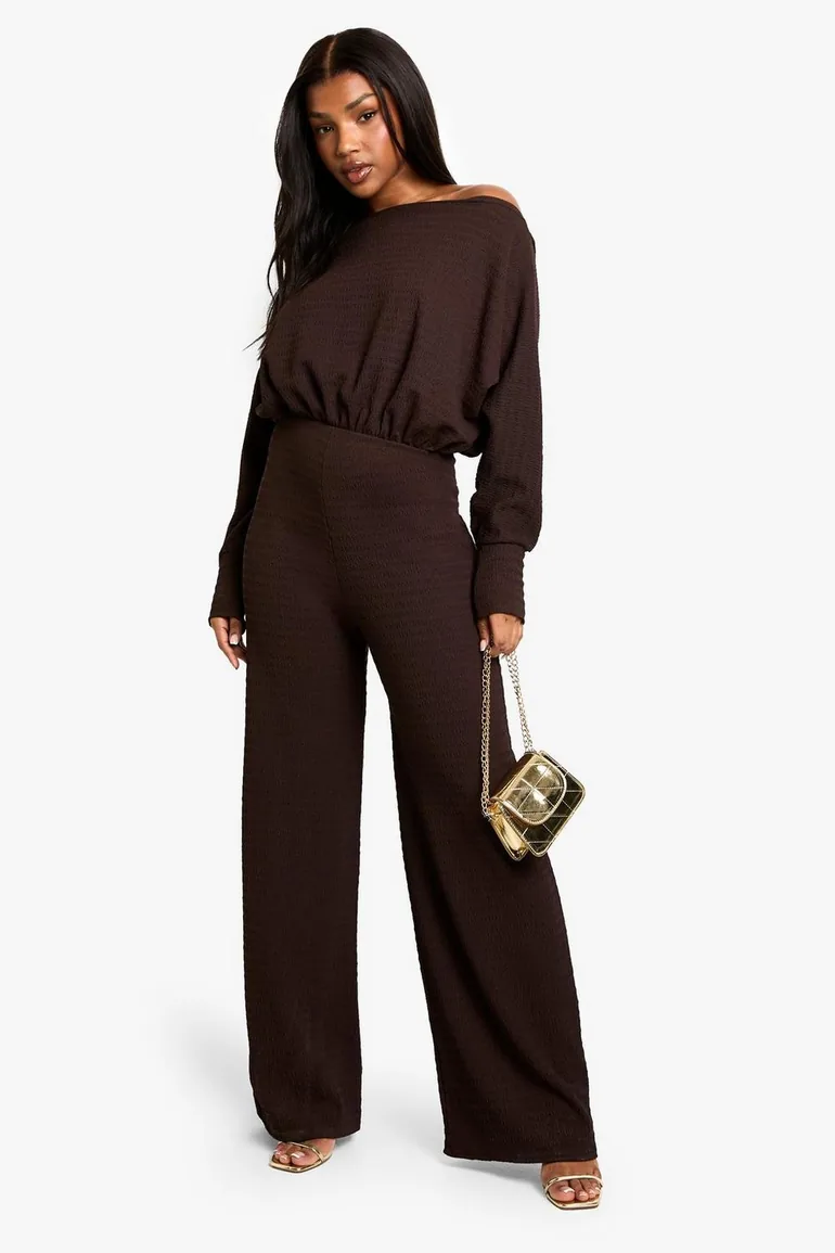 Cold Shoulder Wide Leg Textured Jumpsuit - brown