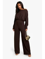 Cold Shoulder Wide Leg Textured Jumpsuit - brown