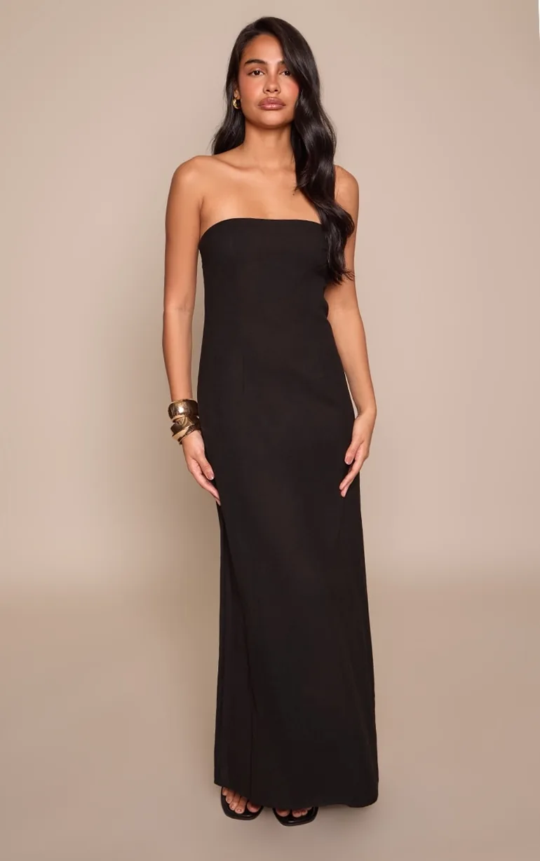 Black Linen Look Bandeau Column Dress Prettylittlething Black : Evening  Dresses : VogaCloset Oman