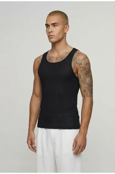 Muscle Fit Textured Ribbed Vest - black