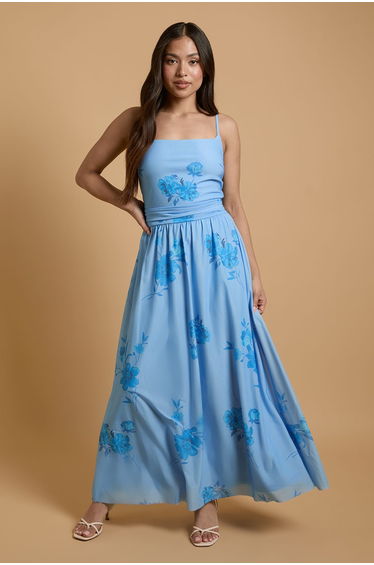 Petite Printed Mesh Strappy Prom Midi Dress