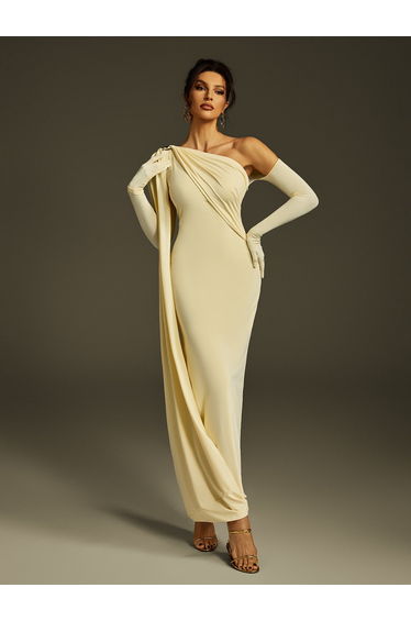 Jehiel One Shoulder Draped Maxi Dress In Butter Yellow
