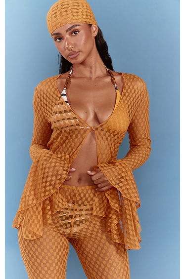 Mustard Textured Sheer Flare Sleeve Beach Shirt