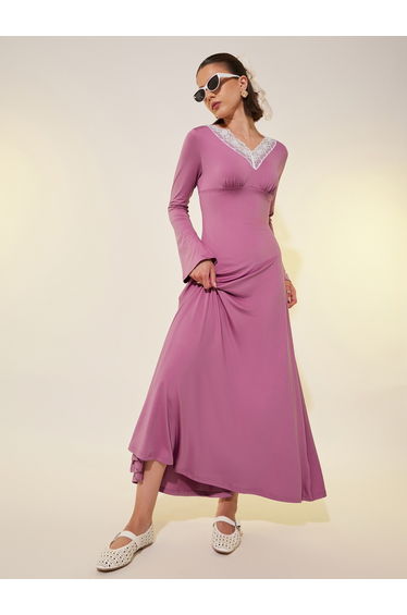 Solid V Neck A-Line Maxi Dress with Lace Trim