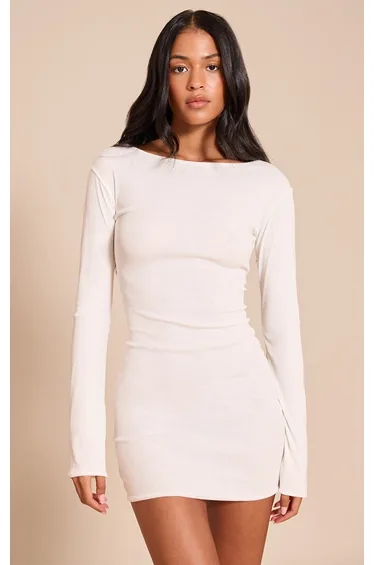 Tall Cream Onion Skin Boat Neck Flute Sleeve Mini Dress