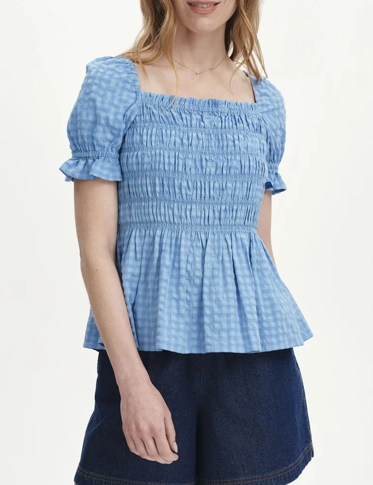 Cynthia Shirred Gingham Seersucker Top - 1