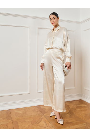 Women Off-White Satin Long Sleeve Shirt