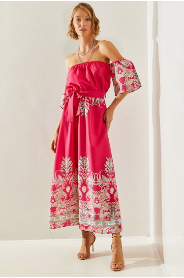 Women's Patterned Belt Detailed Maxi Length Dress