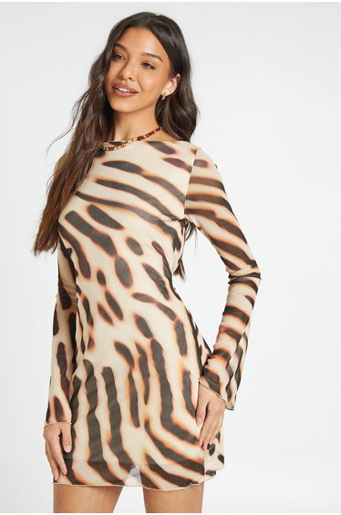 Animal Printed Mesh Flare Sleeve Mini Dress - brown