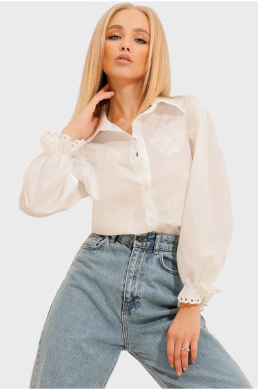 Women's White Embroidery Embroidered Balloon Sleeve Poplin Shirt