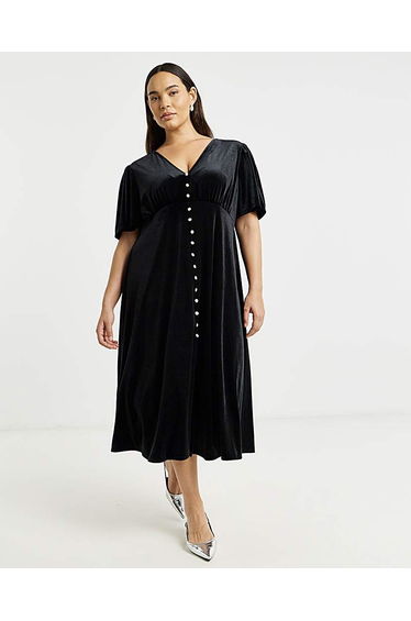 Black Velour Button Through Midaxi Dress